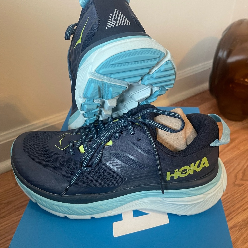 Hoka Dark Blue and Aqua Athletic Shoes